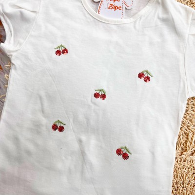 Conj. Blusa Cerejinhas de Paetê e Short - Off White e Vermelho 